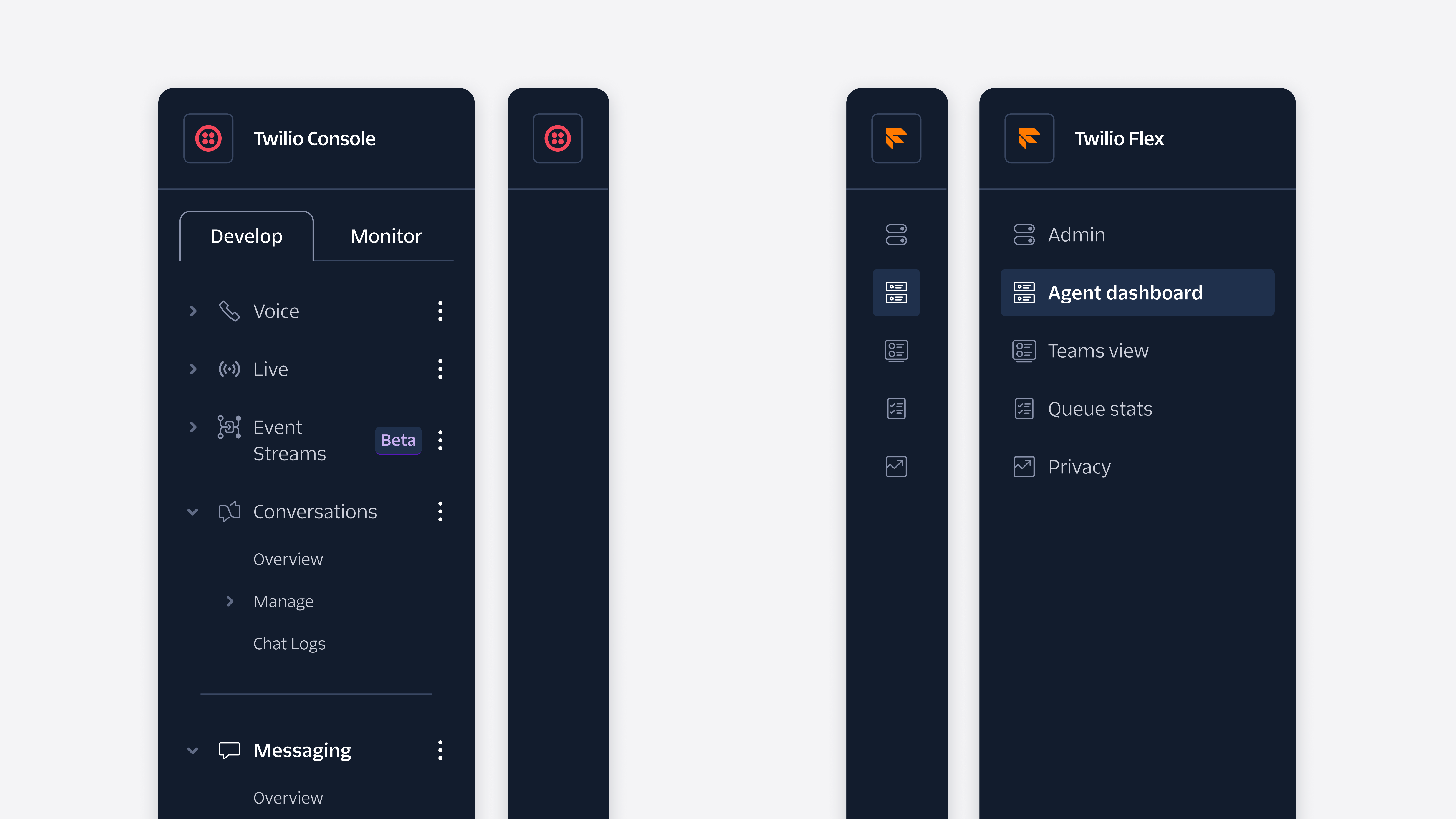 A visual representation of what the collapsed and expanded sidebar looks like in Console and Flex.