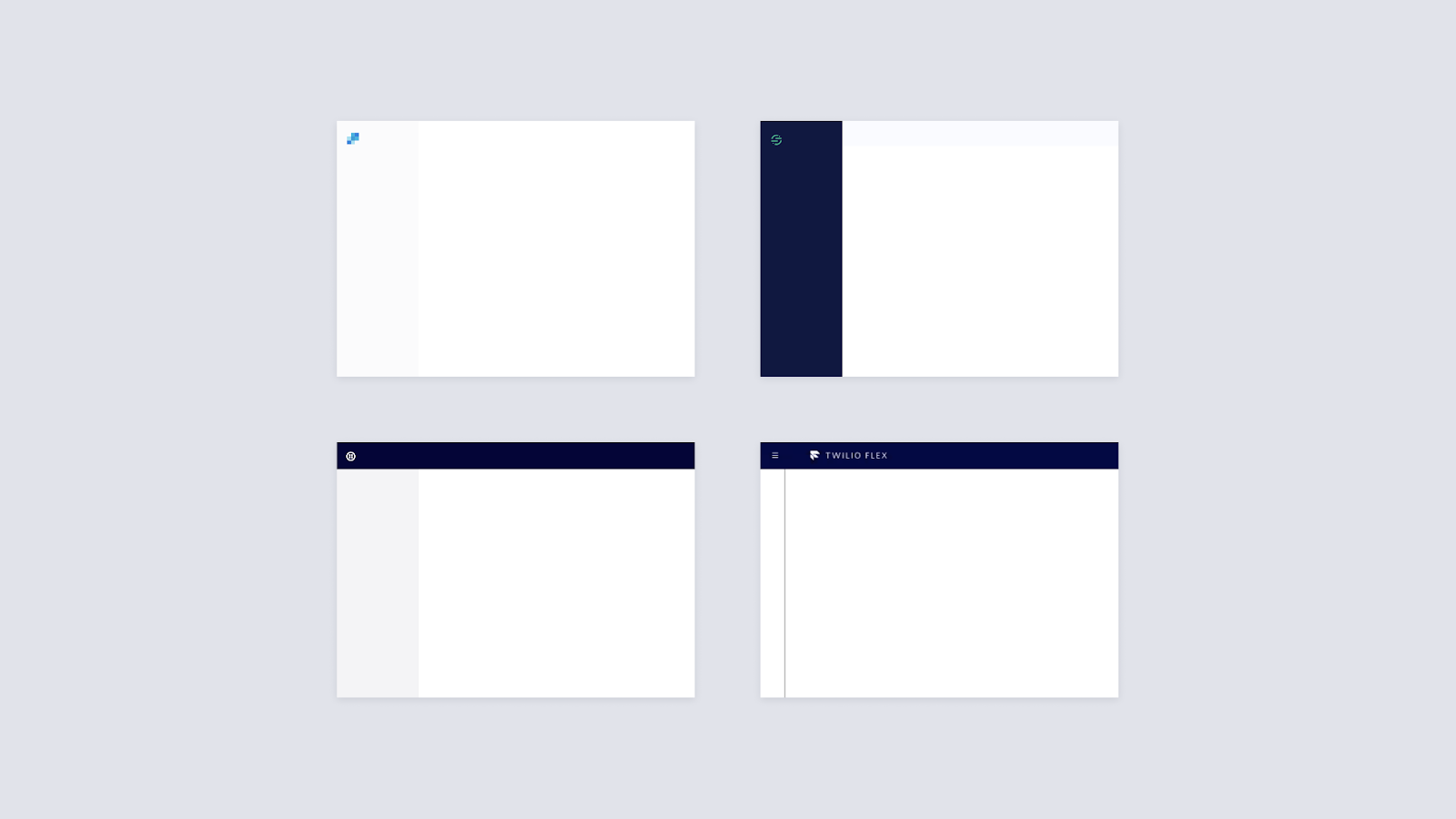 Abstract visual compilation of what navigation looks like across (top left to bottom right) SendGrid, Segment, Console, and Flex.