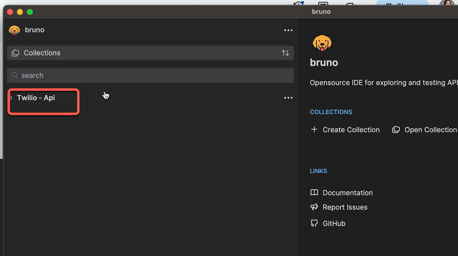 Selecting the Twilio API in Bruno