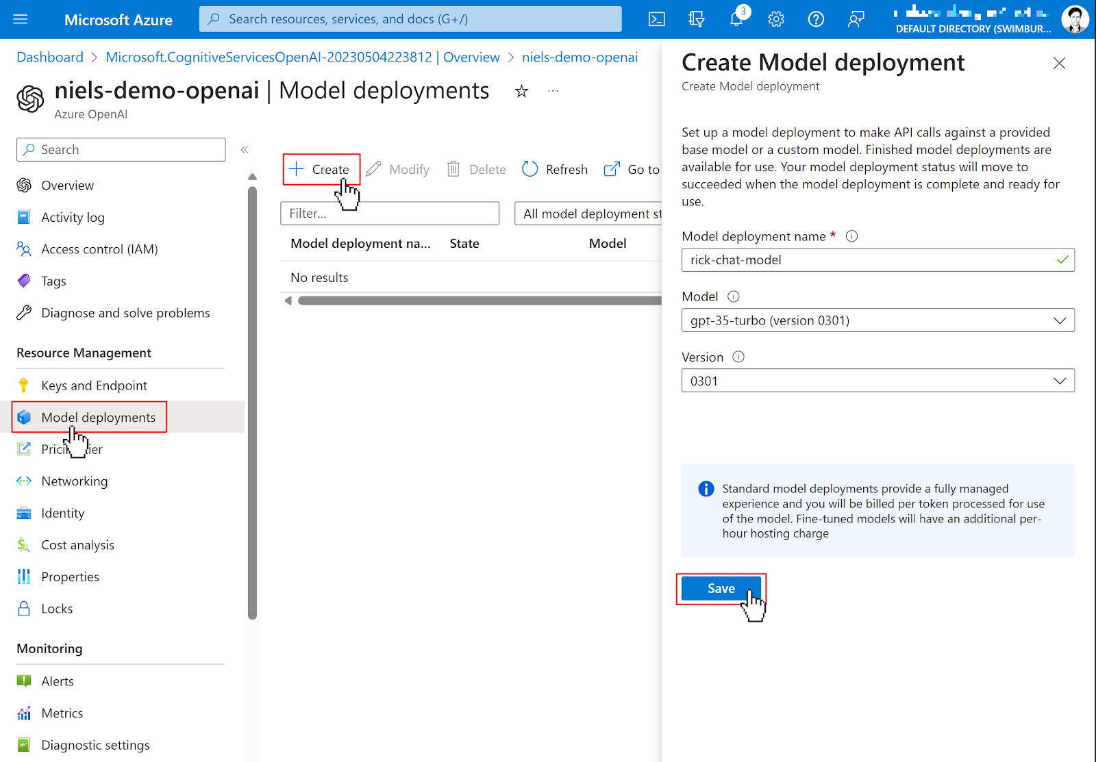 User navigates to the Model deployments tab using the left side navigation of the Azure OpenAI service. User then clicks Create button which opens the Create Model deployment modal. User fills out the form as described below, and clicks the Save button.