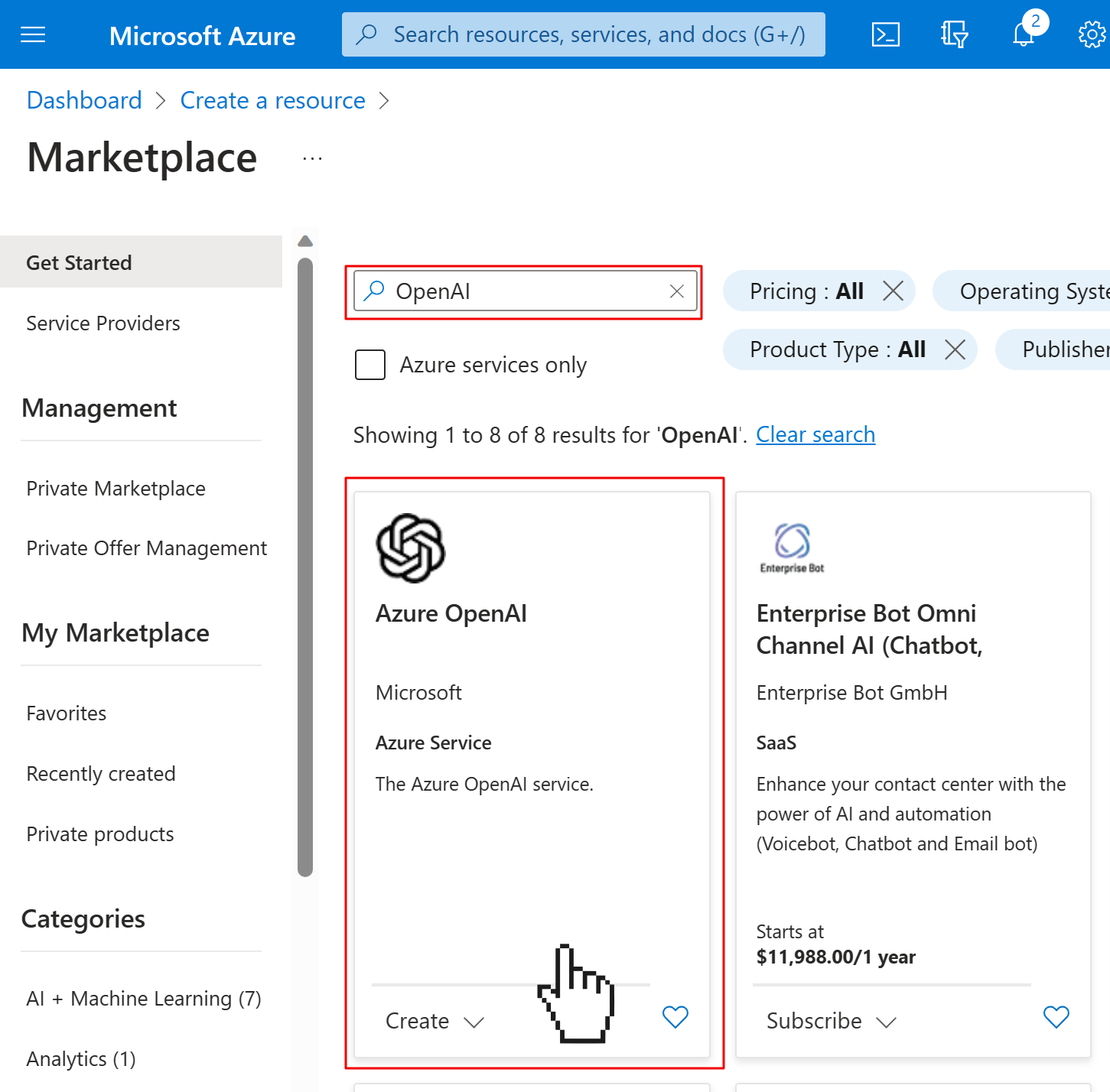 User searching for OpenAI in the Azure Marketplace and clicking on the Azure OpenAI product card.