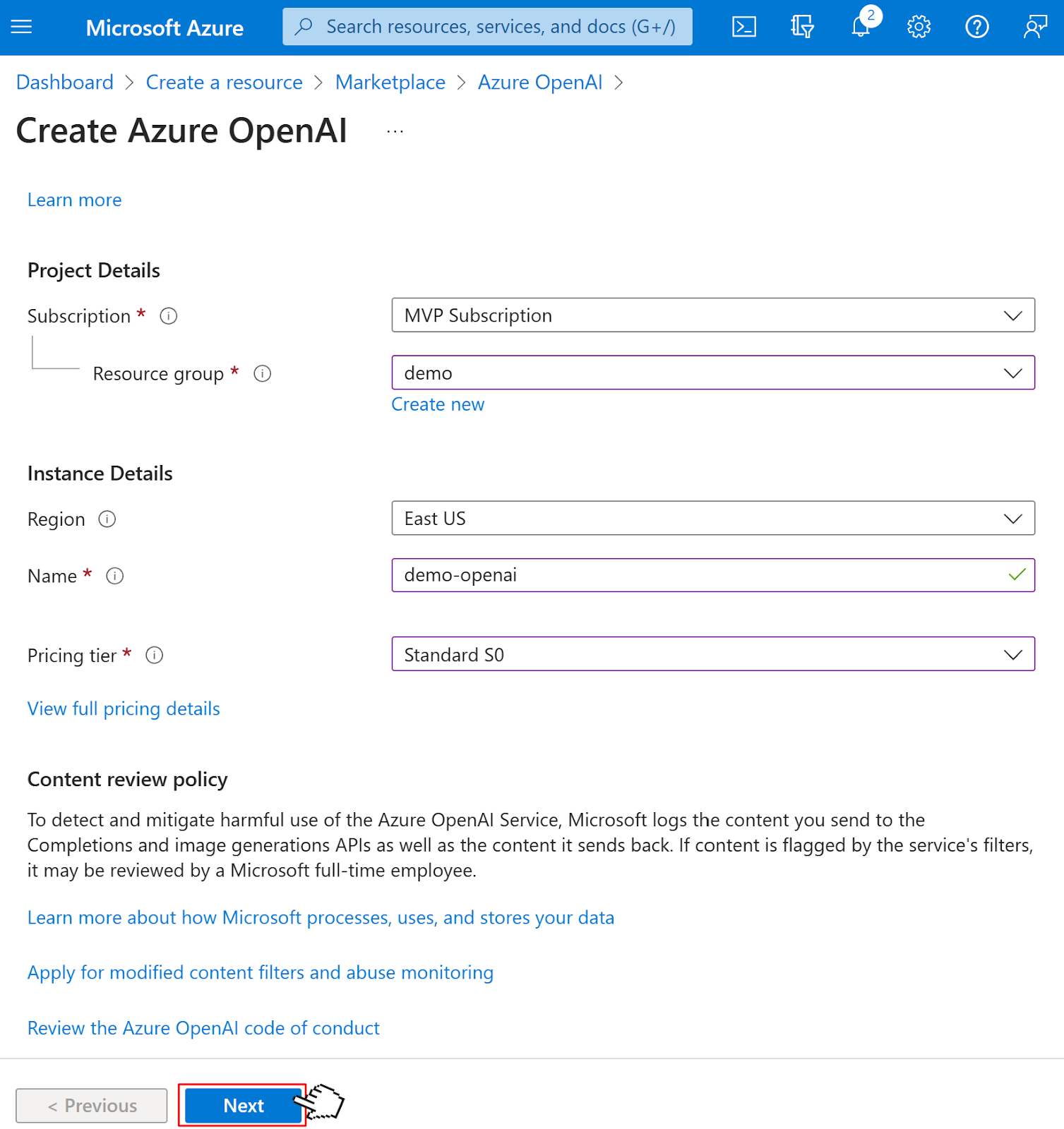 Create Azure OpenAI dialog, asking for the subscription, resource group, region, name, and pricing tier. User filled out the form and is clicking on the Next button.