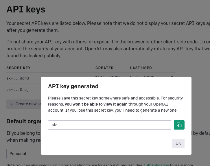 Image showing the current API keys. User clicked Create new secret key button and a new API key is generated and shown along with a warning to keep it safe.