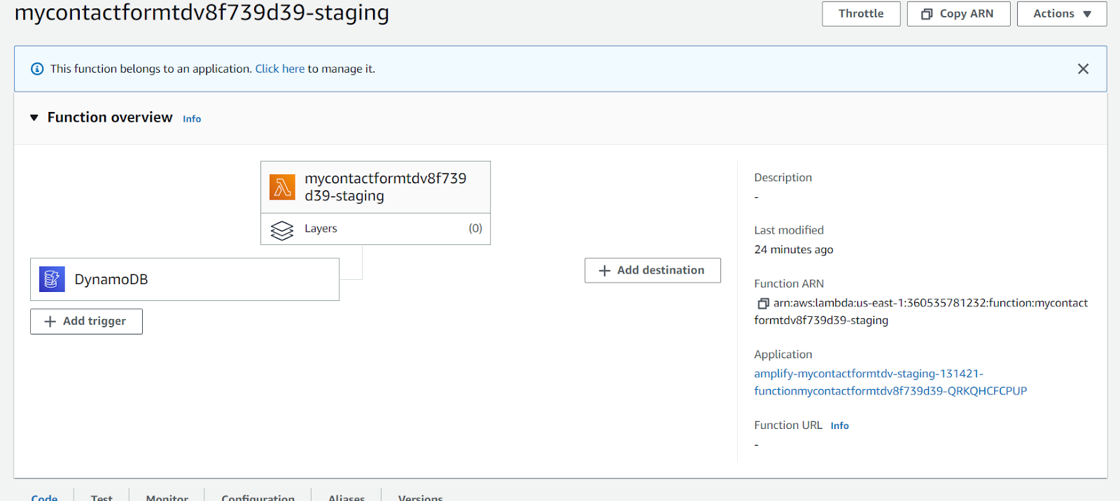 AWS Lambda page displaying the MyContactFormTDV function, connected to DynamoDB and with options to update, edit its settings, and more.