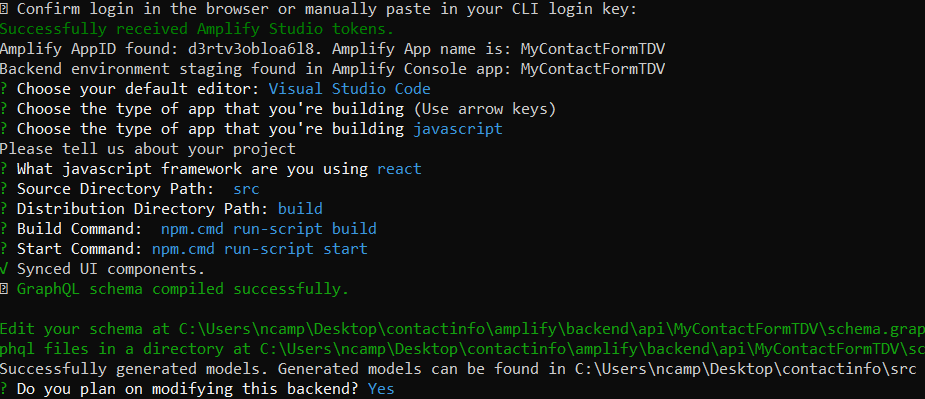 Command line with the result of the selection of options when pulling the project with Amplify.