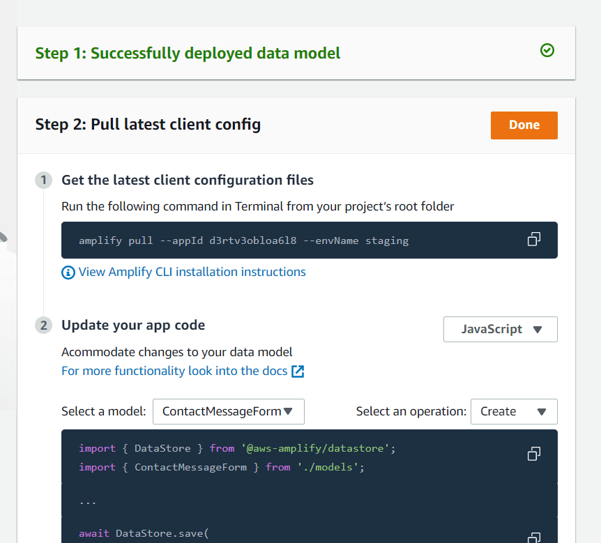 Confirmation screen of new model with the code to pull the computer application with AWS amplify CLI.