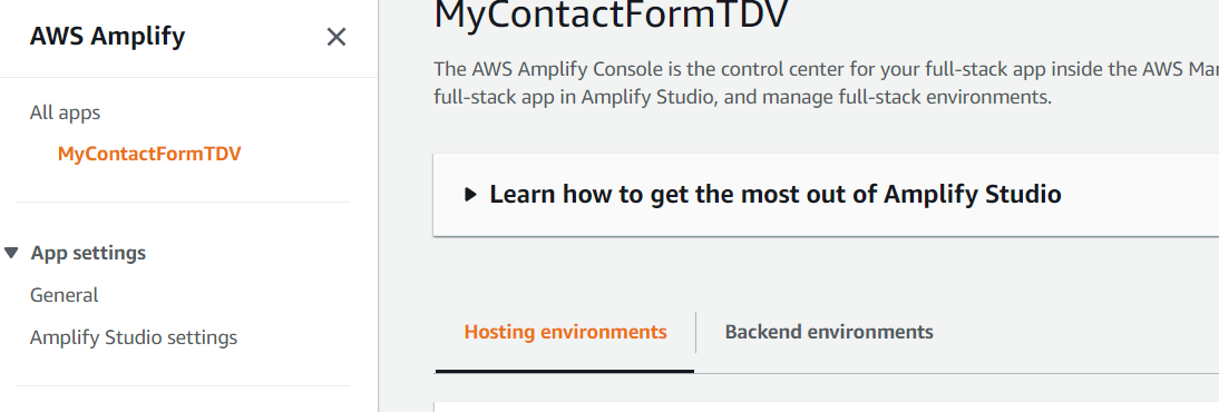 AWS Amplify web console, highlighting the Hosting module