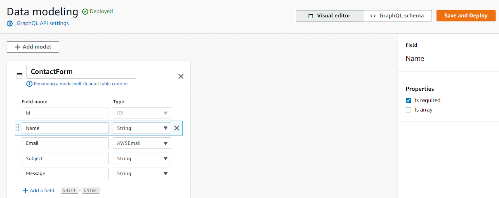 Model creation module, with the "ContactMessageForm" table and the "Name", "Email", "Subject" and "Message" attributes.