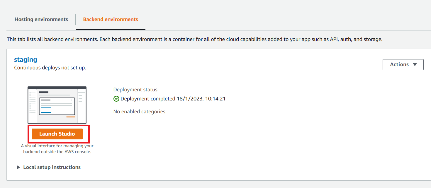 Page viewing the correct creation of the project at AWS Amplify, with the "Launch Studio" button to open the development platform.