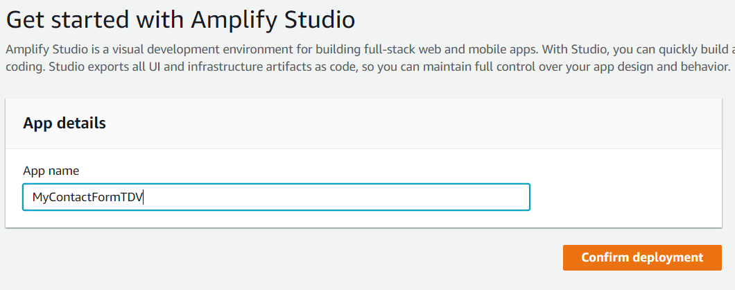 Form with the field to write the name of the application to be created with Amplify Studio.