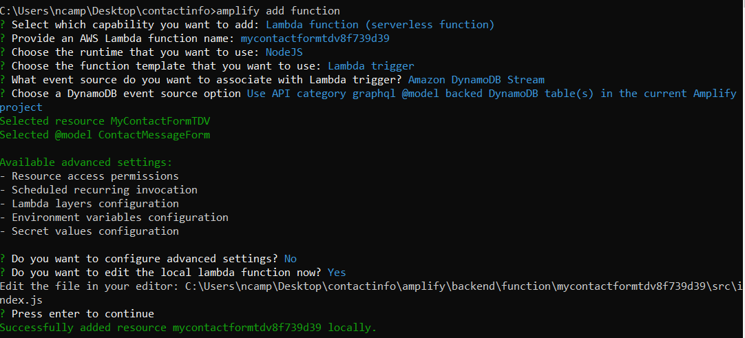 Command line with the result of the selection of options when adding a new function to the project.