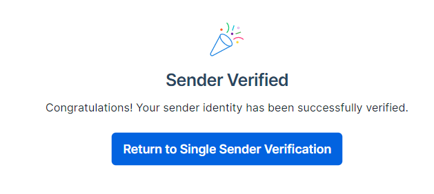 Confirmation page after clicking in the verification email, with the message "Sender Verified"