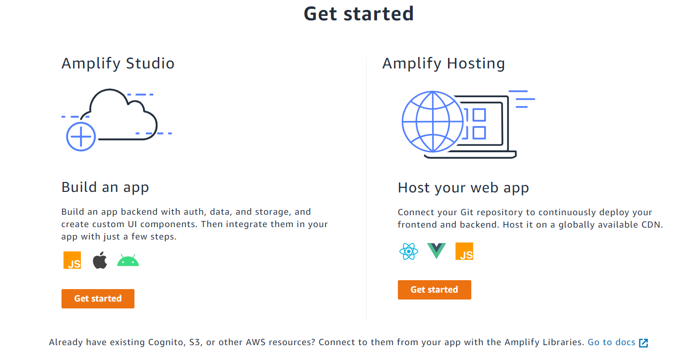 Screen displaying the options available in AWS Amplify, "Amplify Studio" and "Amplify Hosting"