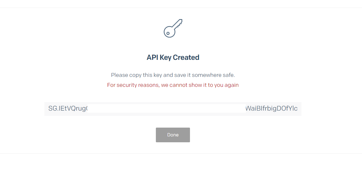 Page displaying the API Key created in plain text to copy, indicating that it will not be displayed again for security.