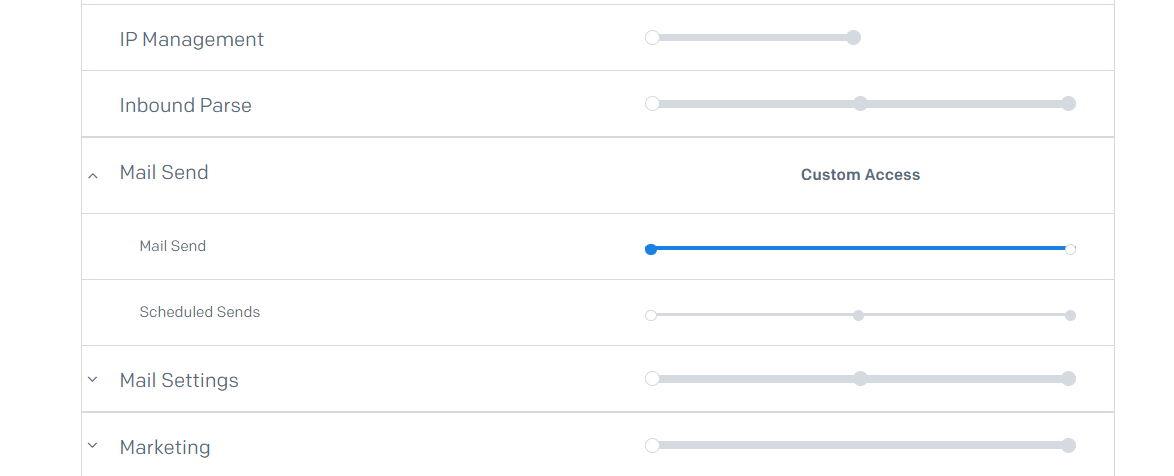 Create API Key form with the Mail Send accordion opened and with the Mail Send is a toggle and is enabled