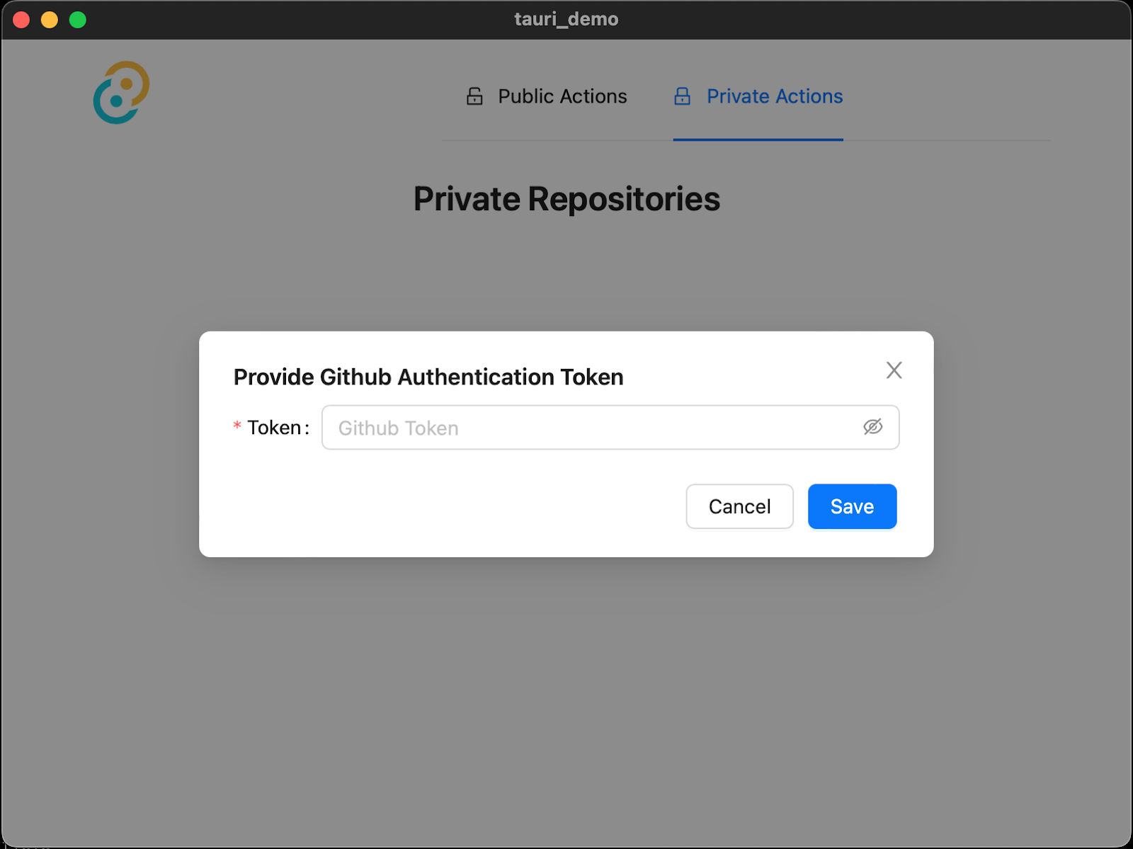 Prompt to provide a GitHub Authentication Token in the Tauri app