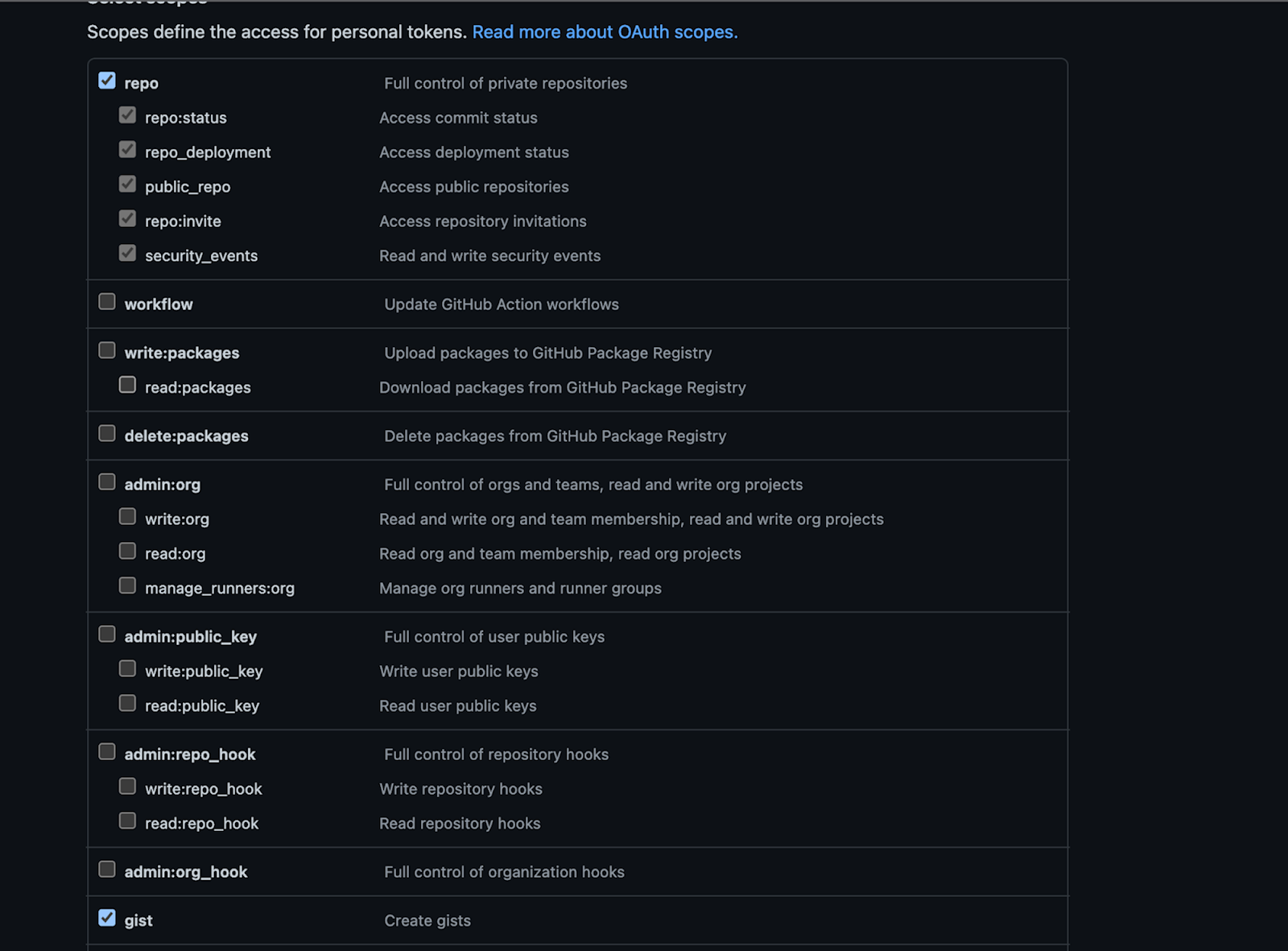 Select criteria for GitHub private token