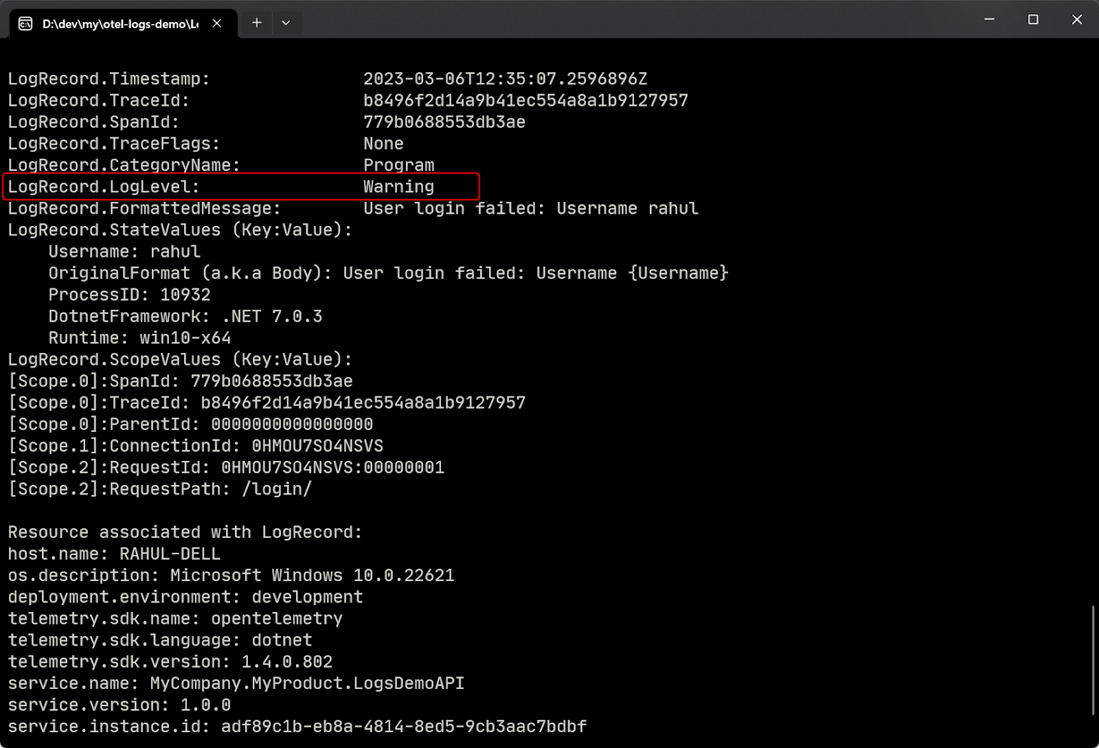 Console output from request to the /login API endpoint showing a warning message.