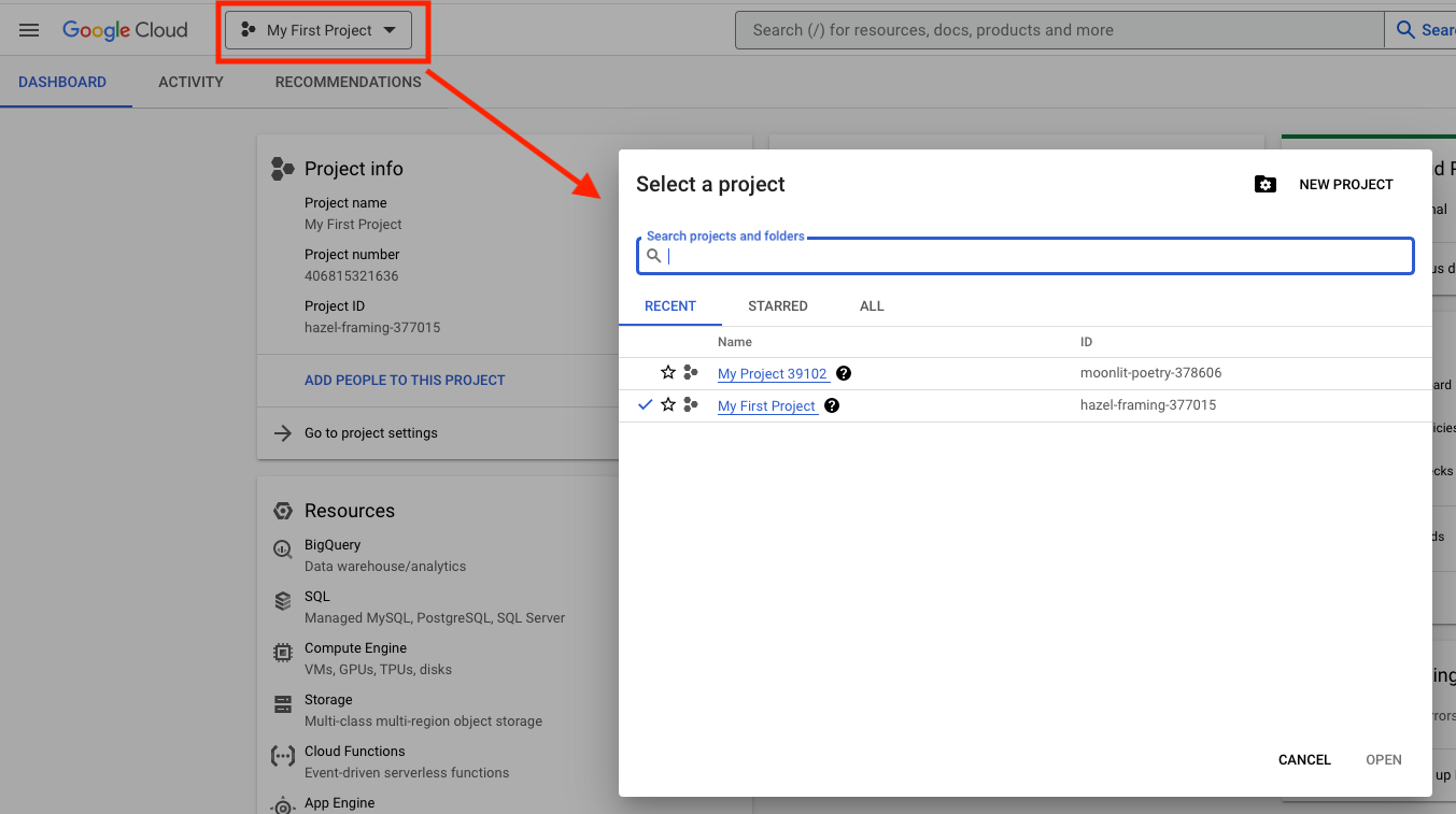 Screen showing the project name next to the GCP logo. User clicked on the project name and opened a dialog with title "Select a project" and shows all the projects in the account and a New Project button on top