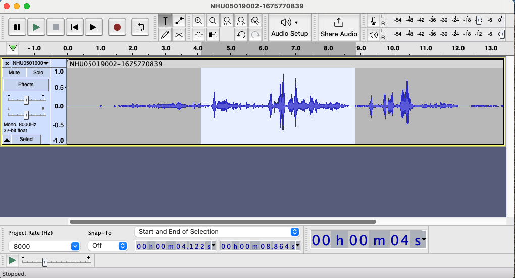 Audacity showing the audio loaded a portion of it is selected to be exported