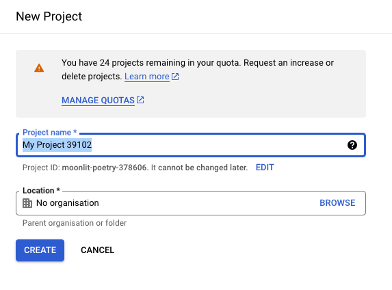 New project page showing the default project name automatically populated and No organization selected as Location
