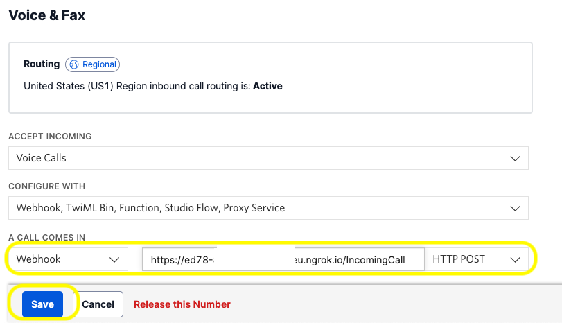 Twilio Console showing the incoming call webhook set to ngrok forwarding URL followed by /IncomingCall. Save button is highlighted in the image and needs to be clicked to update the settings.