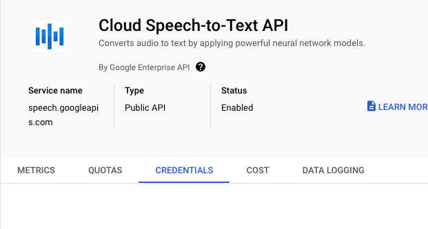Credentials tab shown in the middle of the  Cloud Speech-to-Text API