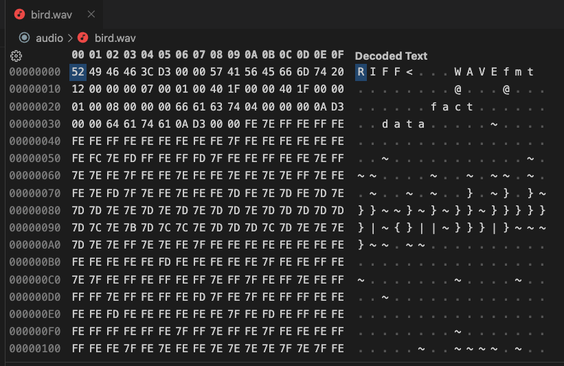 Hex editor showing contents of bird.wav 