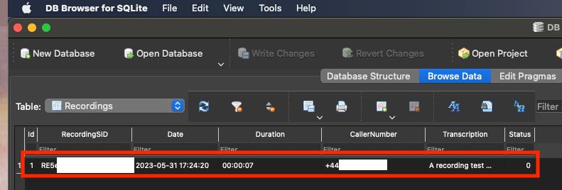 DB Browser for SQLite window showing the newly inserted recording details