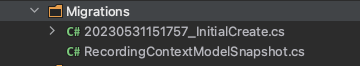 Migrations directory showing auto-generated migration classes