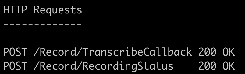 ngrok logs showing successful RecordingStatus and TranscribeCallback HTTP POST requests in the terminal