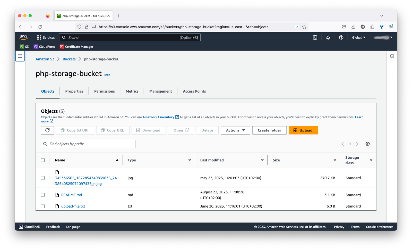 Viewing a list of files in the application's S3 bucket (3 in total) in Firefox