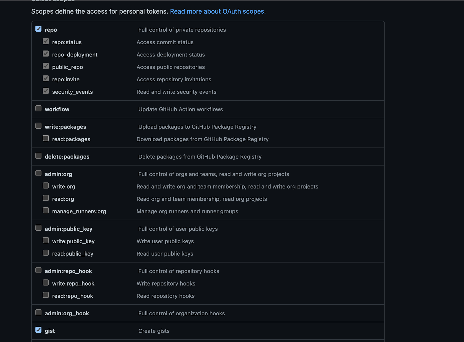 The required GitHub Personal Token settings