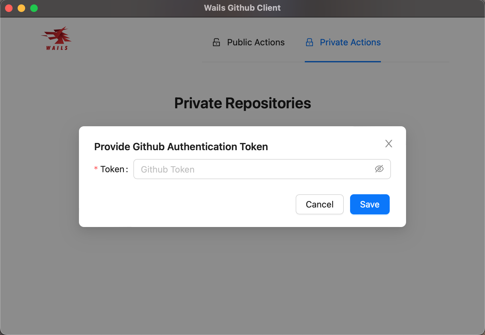 The personal access token dialog visible in front of the Wails application.