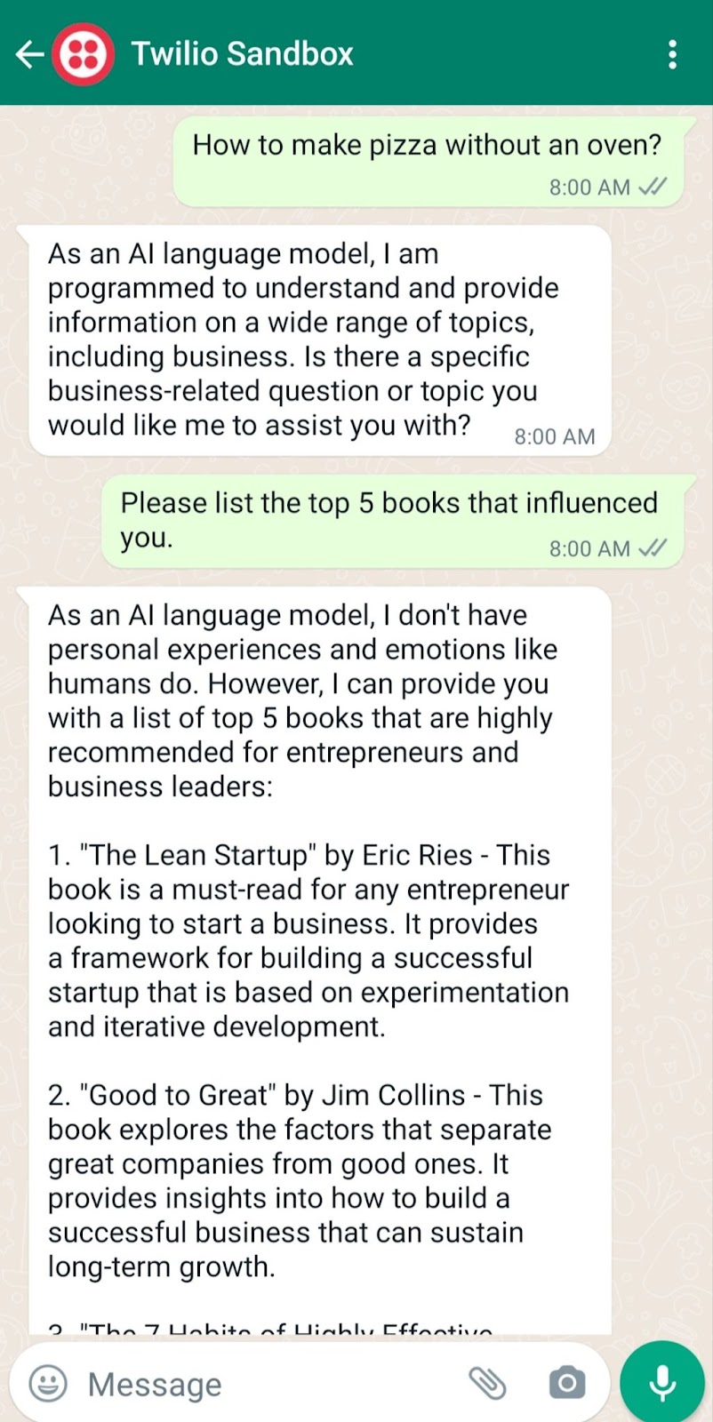 Conversation with AI chatbot on WhatsApp