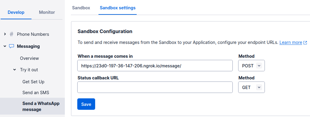 Twilio sandbox settings