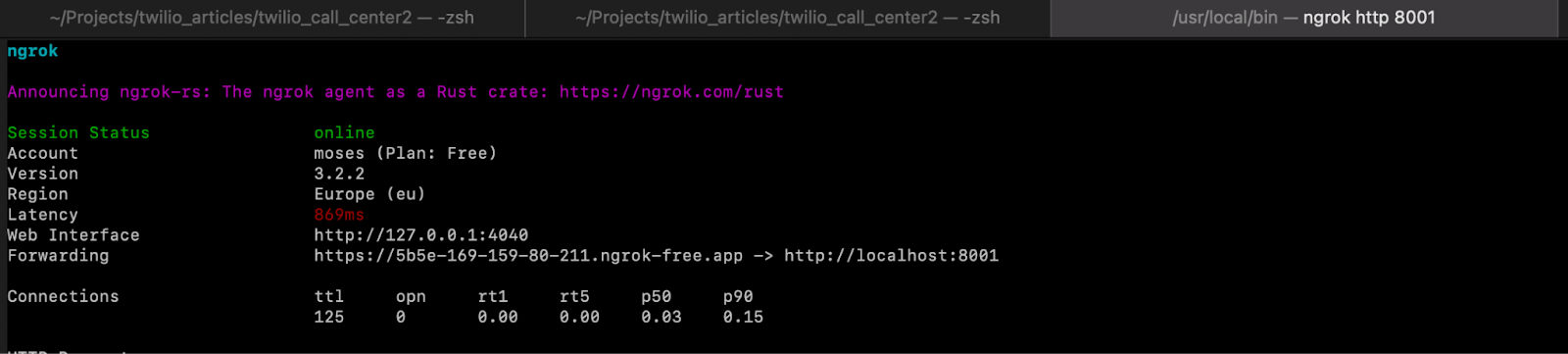 Ngrok running in the terminal, showing the default output