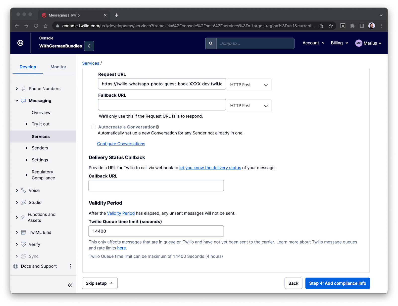 Screenshot of the Twilio console showing the creation of a messaging service