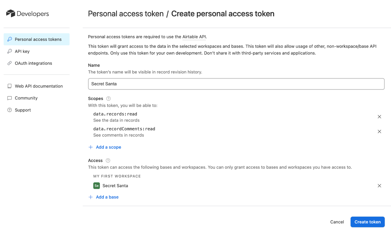 Screenshot of Personal Access Token form on Airtable