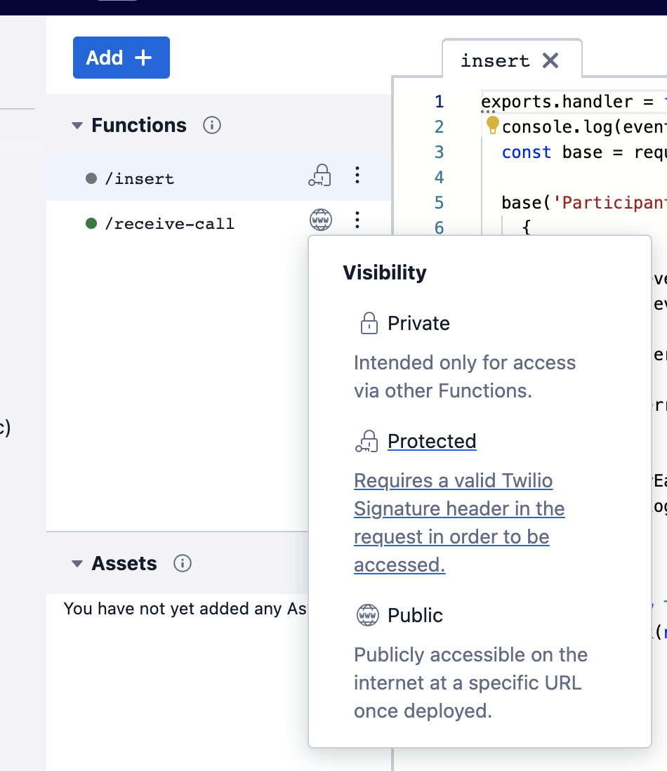 Screenshot of Twilio Functions Service with the visibility modal open