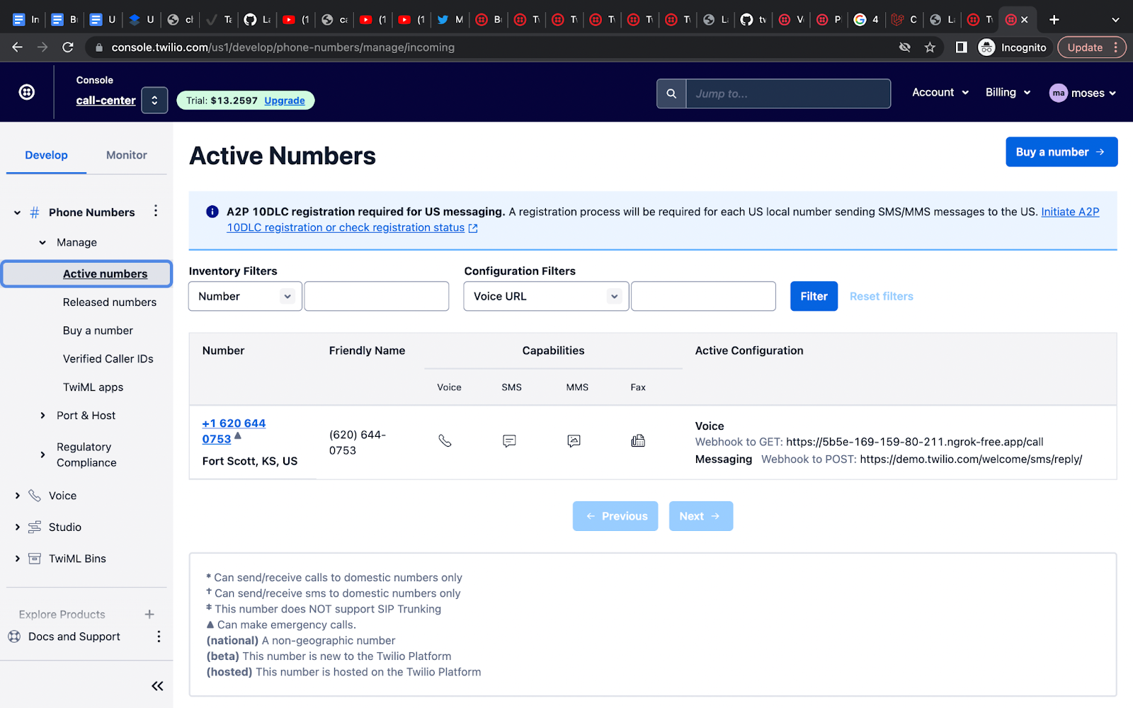 The Twilio Active Numbers section of the Twilio Console