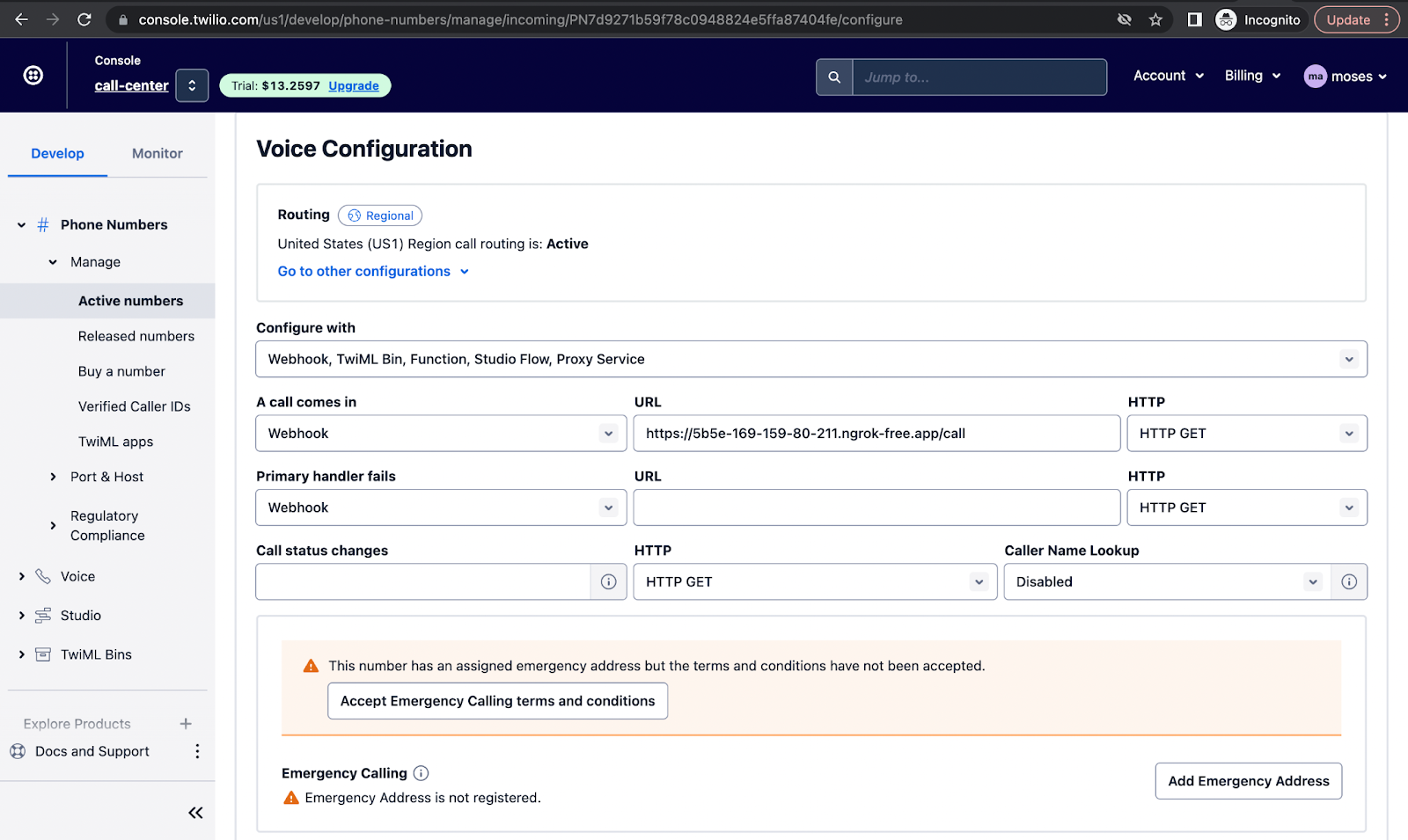 The Twilio Phone number Voice Configuration section of the Twilio Console