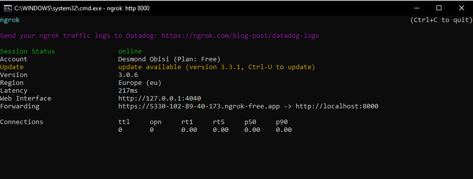 Terminal output after running ngrok tunnel