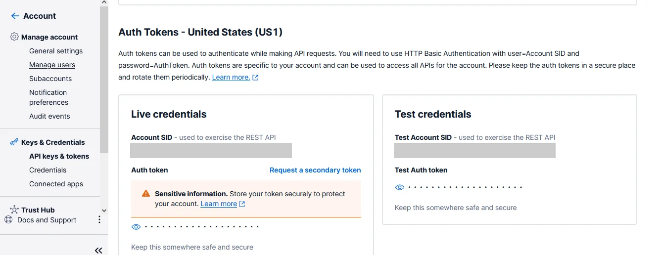 API keys from Twilio"s Console