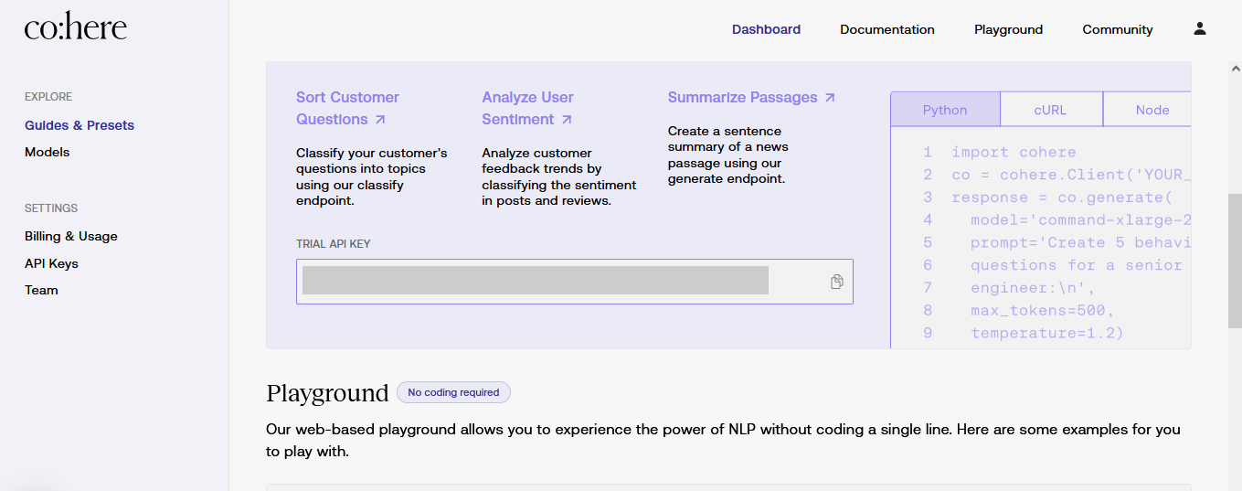 Get API keys from Cohere AI"s Dashboard