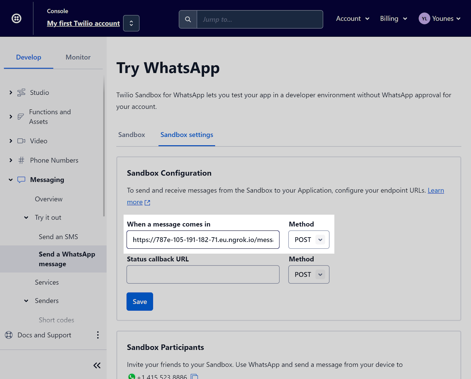 whatsapp sandbox settings on Twilio console