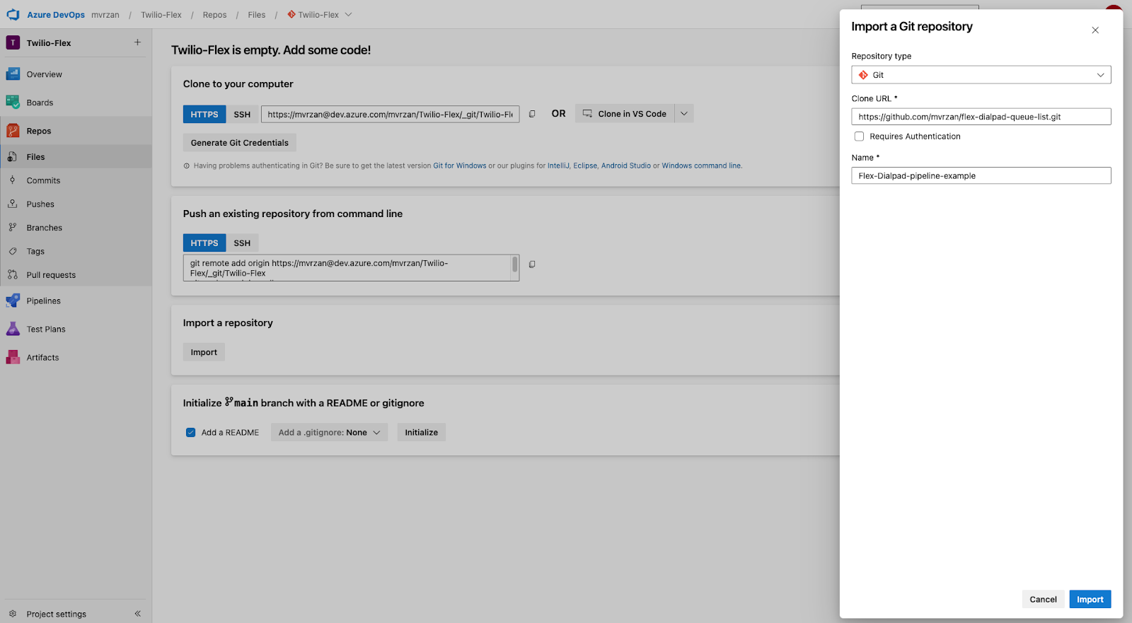 An image of the Import a Git Repository screen in Azure DevOps.