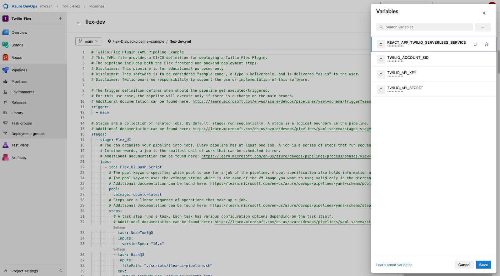 An image of the "Variables" side panel in Azure DevOps.