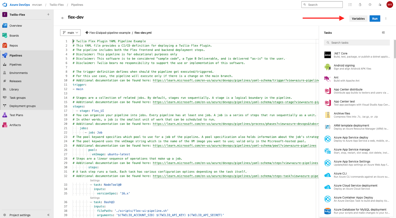 An image of the YAML pipeline in Azure DevOps with red arrow pointing to "Variables."