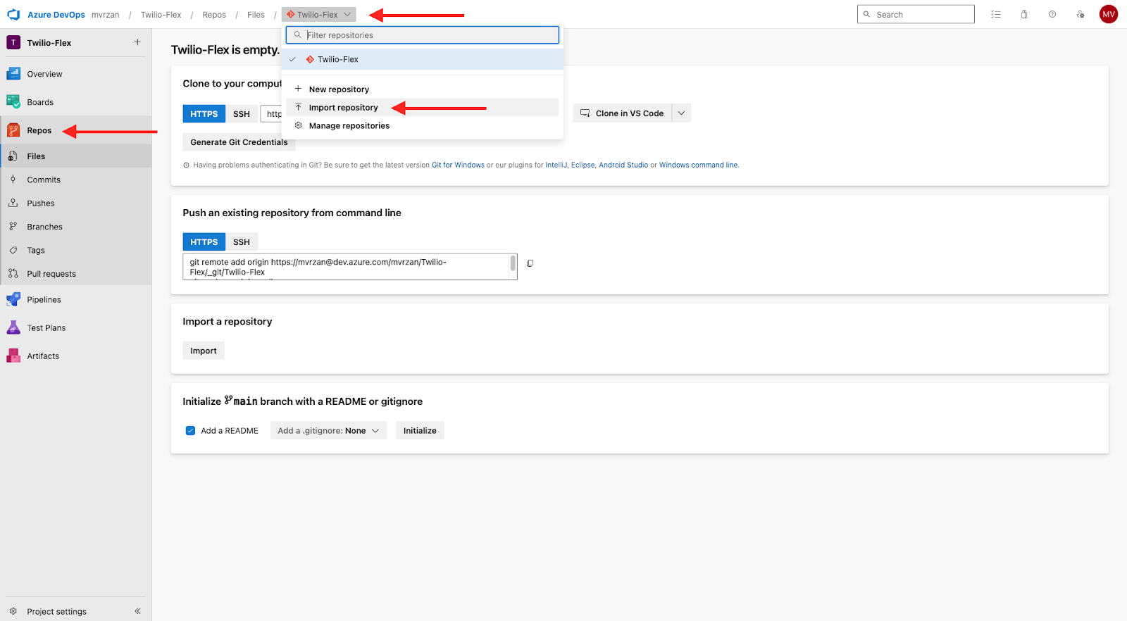 An image of the Azure DevOps screen with red arrow pointing to "Repos," a red arrow pointing to "active repo," and another arrow point to "Import Repository."